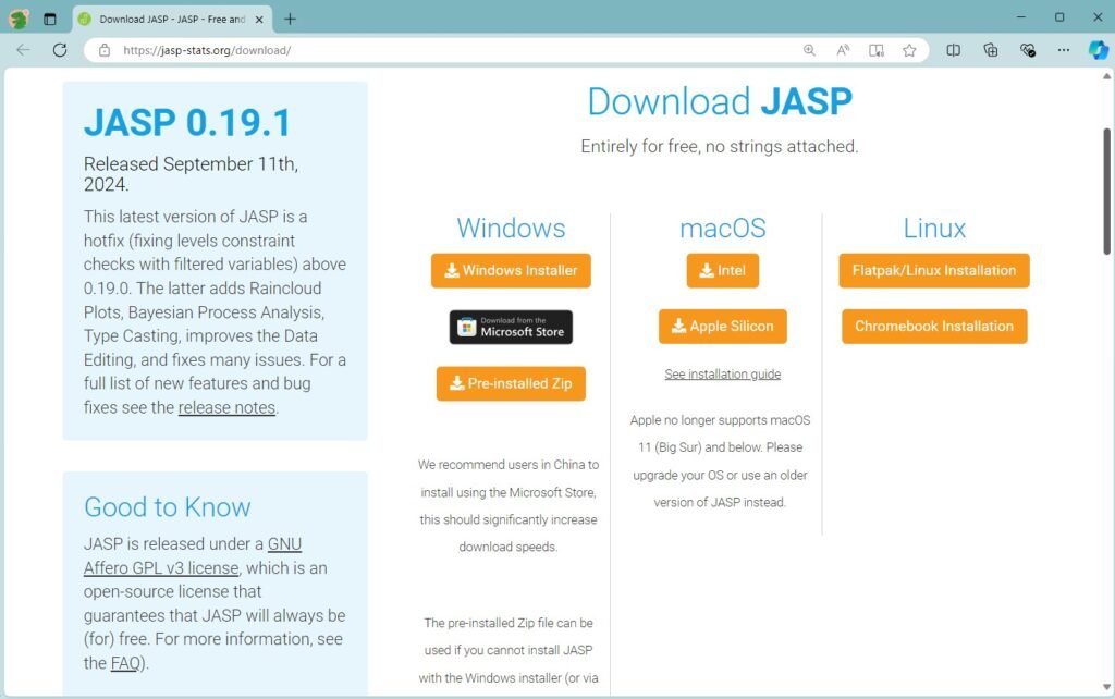 Halaman download Software JASP